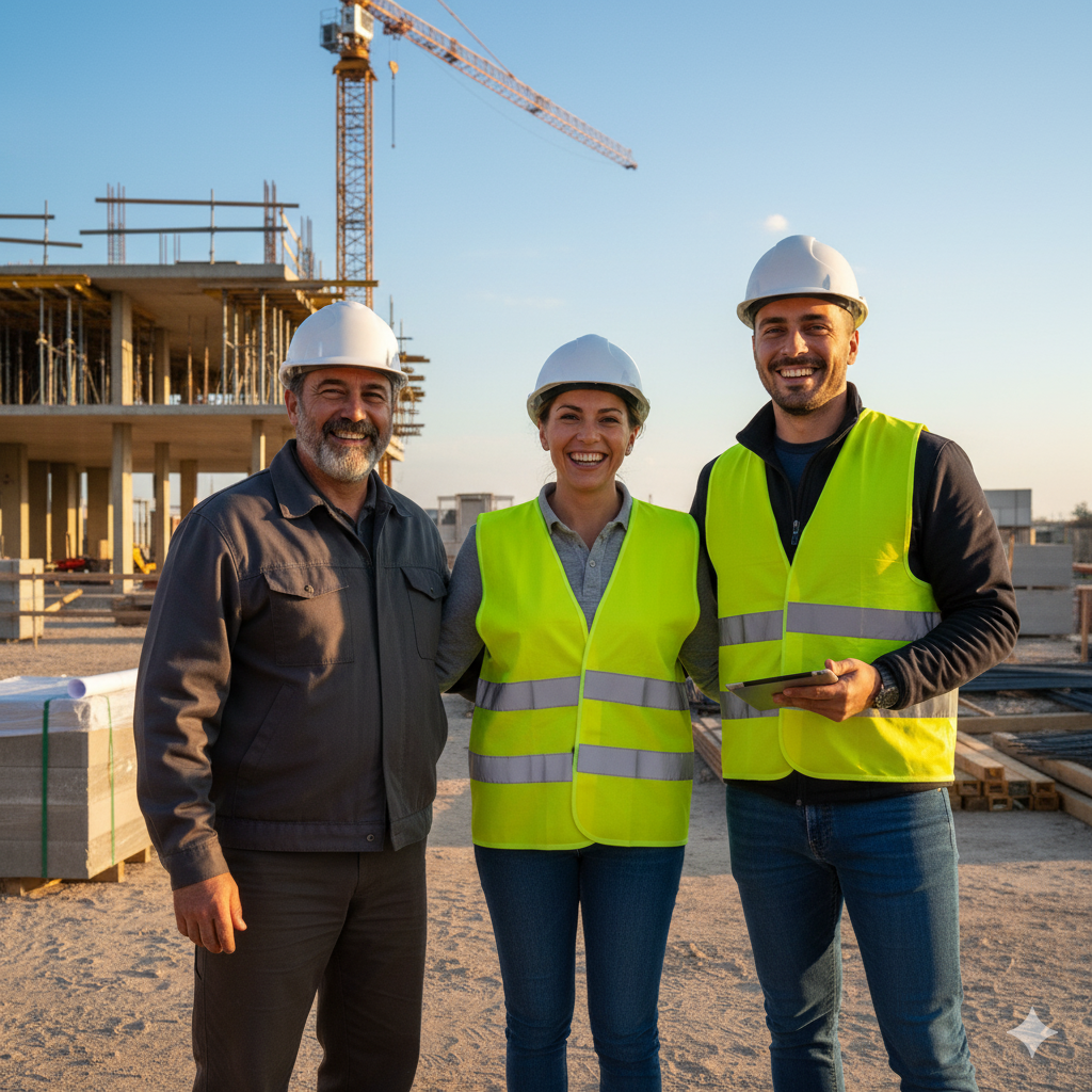 Titolare d'impresa sereno in cantiere con la squadra al lavoro