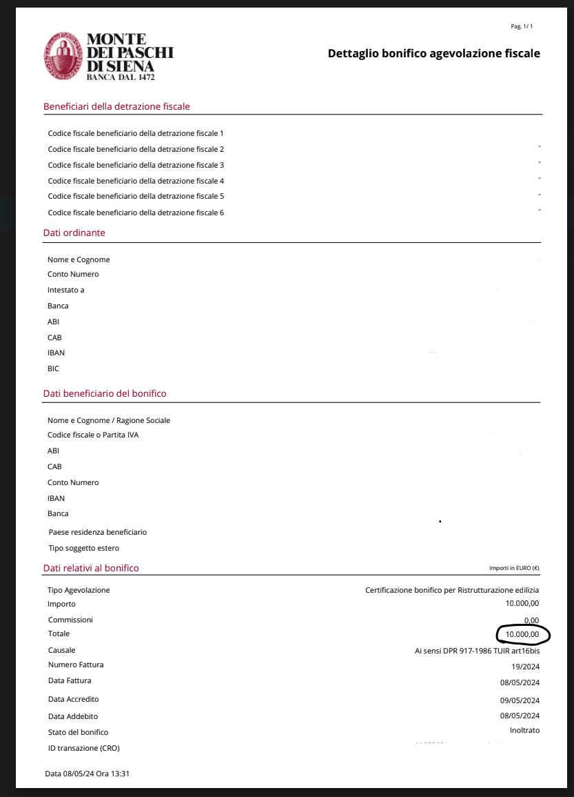 Bonifico ricevuto da 10.000 euro